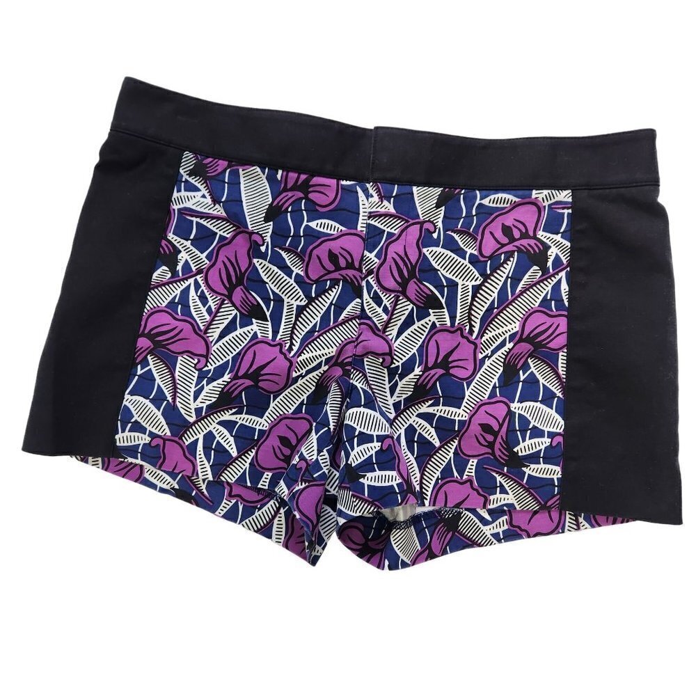 Club Monaco Womens Floral‎ Colorblock Flat Front Shorts 6 Black Purple Stretch